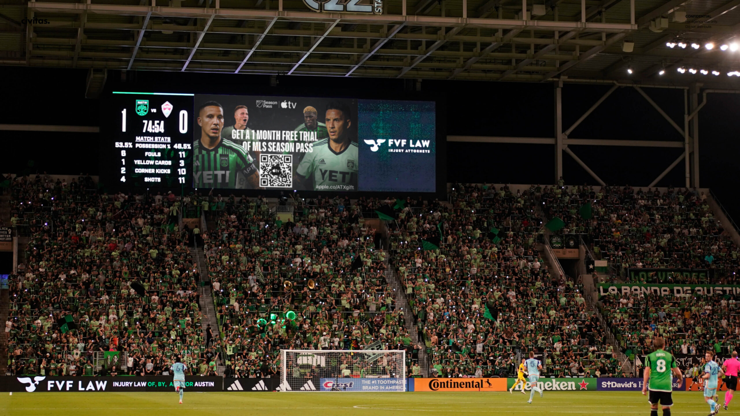 photo of soccer stadium with Apple TV MLS Season Pass on the screen